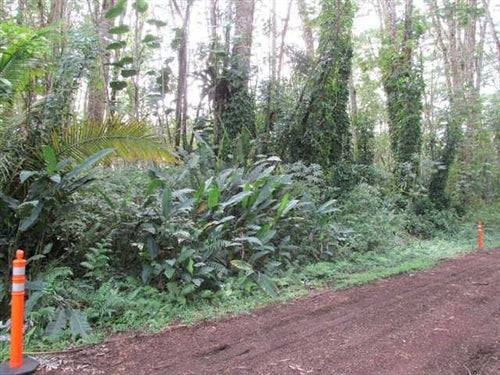 Aerial view of Hawaii County Nanawale Estates lot 507 on Ginger Road, 1/4 acre parcel in Hawaii, showing lush landscape and wooded surroundings.