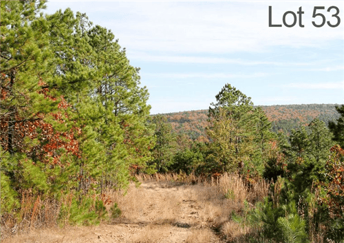 Aerial view of Oklahoma Latimer County Stone Creek Ranch Lot 53, 22.49-acre rural land with natural landscape features.