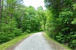 Aerial view of Tennessee Perry County Cedar Creek 5.03-acre lot 52 featuring a flowing stream and lush land.