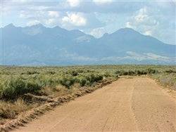 Aerial view of two adjoining 5-acre land parcels in Colorado's Costilla County, part of San Luis Valley Estates South.